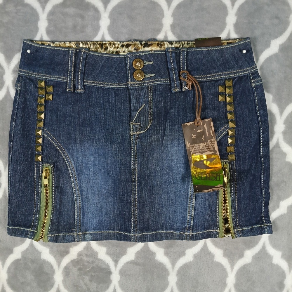 Clash Jeans Denim Mini Skirt Size Medium Studded Leopard Y2K Cowgirl Festival